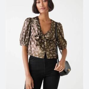 & Other Stories Black Gold Metallic Floral V Neck Crop Blouse Top Sz EU 36 US 6